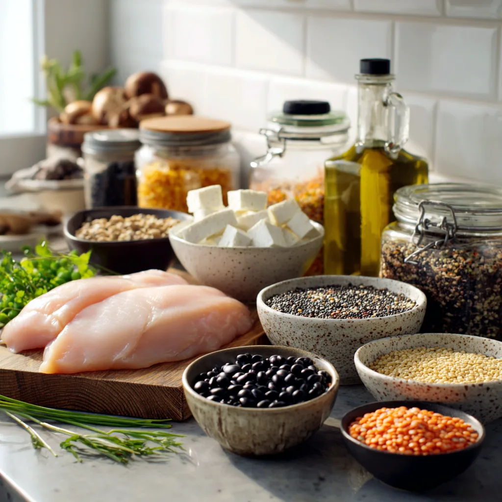 Ingredients for high protein soup recipes including chicken, beans, and lentils