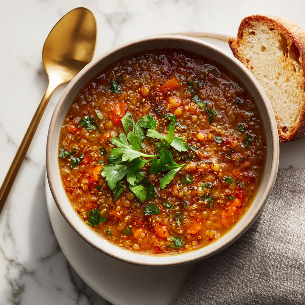 Bowl of high protein lentil quinoa soup with sourdough bread