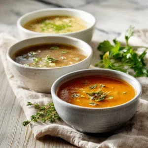 Variety of high protein soup recipes in bowls on a modern table