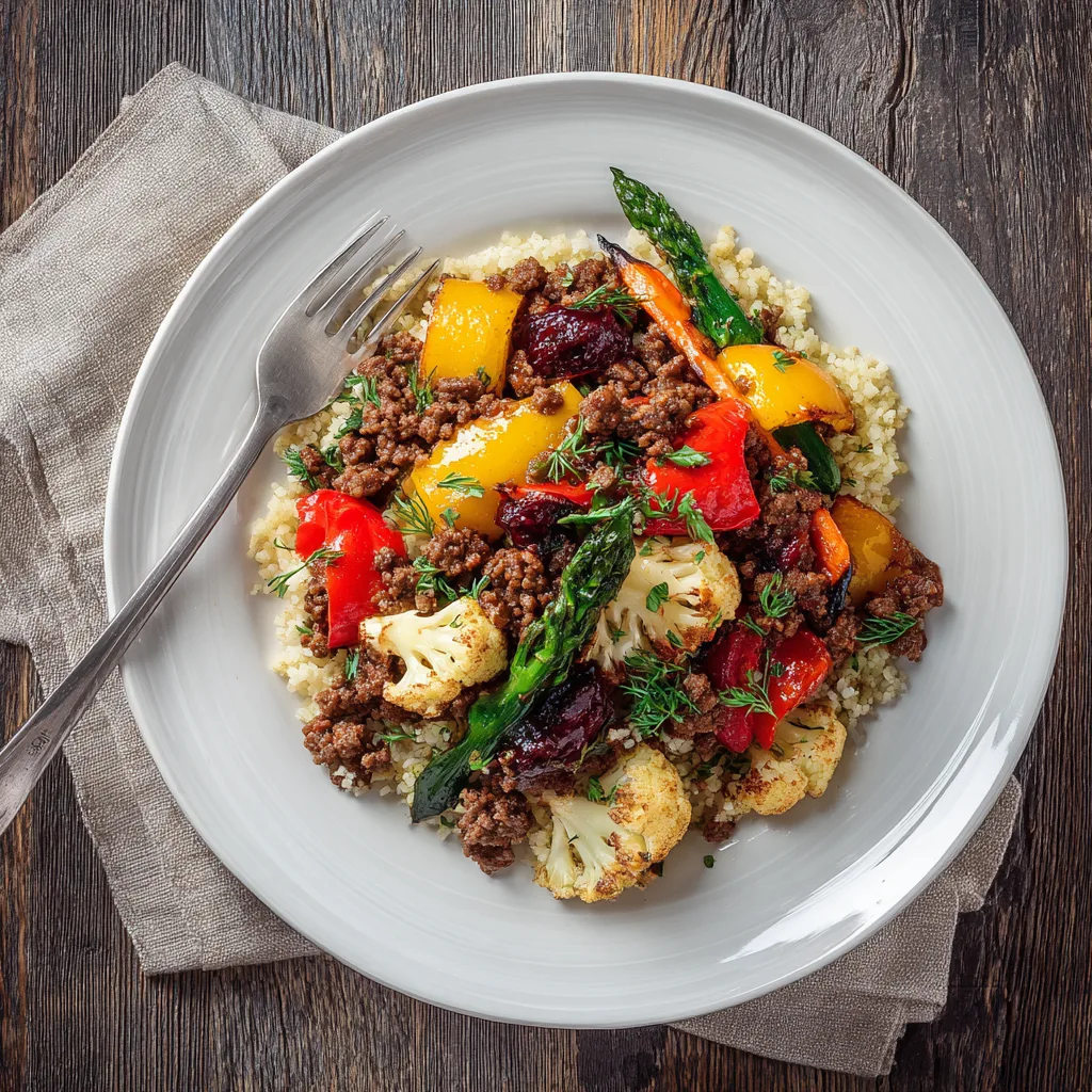 Healthy ground beef dinner served with vegetables