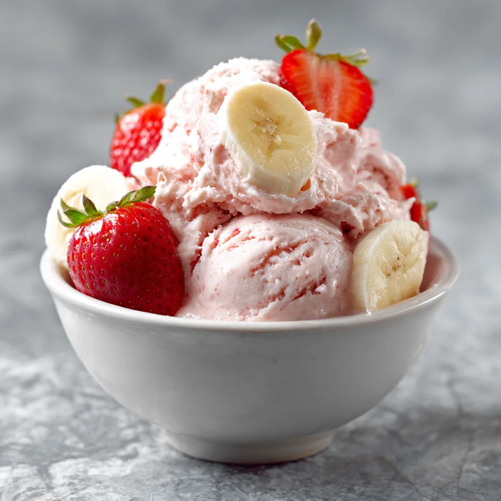Creamy strawberry soft serve ice cream in a bowl made with frozen strawberries.