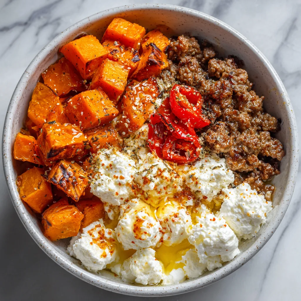 Hot Honey Cottage Cheese Sweet Potato Beef Bowl (High Protein Dinner)