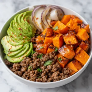Ground Beef Hot Honey Sweet Potato Bowl with Avocado