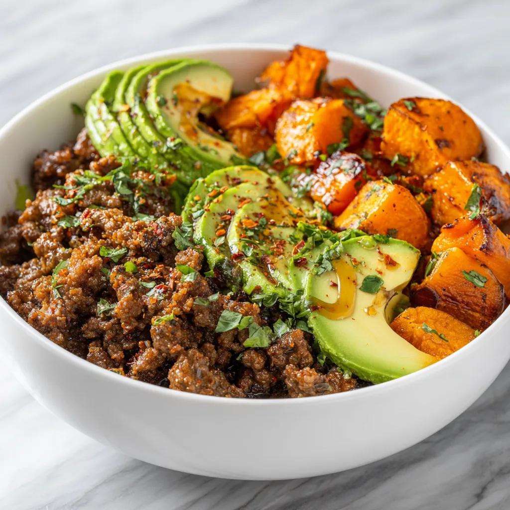 Ground beef and roasted sweet potato bowl with avocado slices and hot honey.