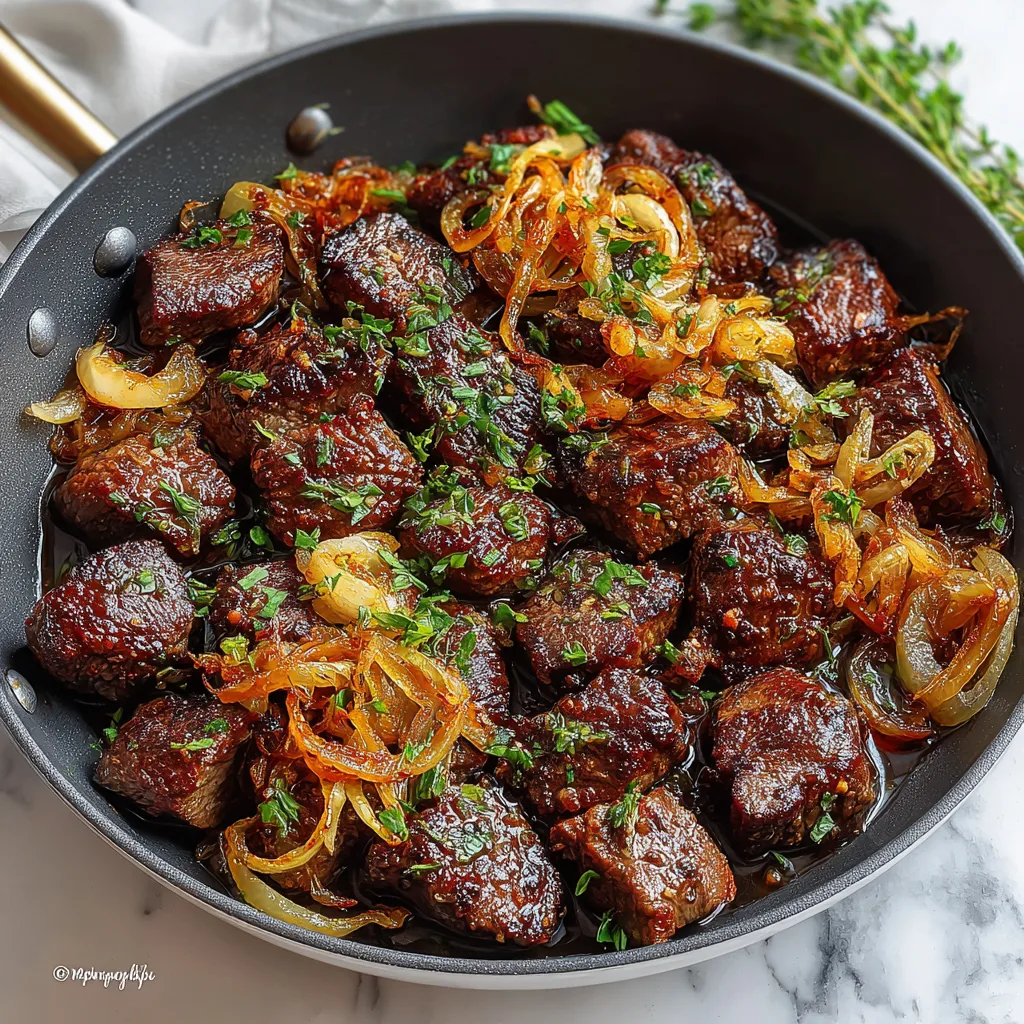 Garlic butter steak bites with crispy shallots