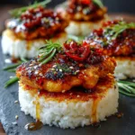 Hot Honey Smash Chicken with Crispy Rice Cakes