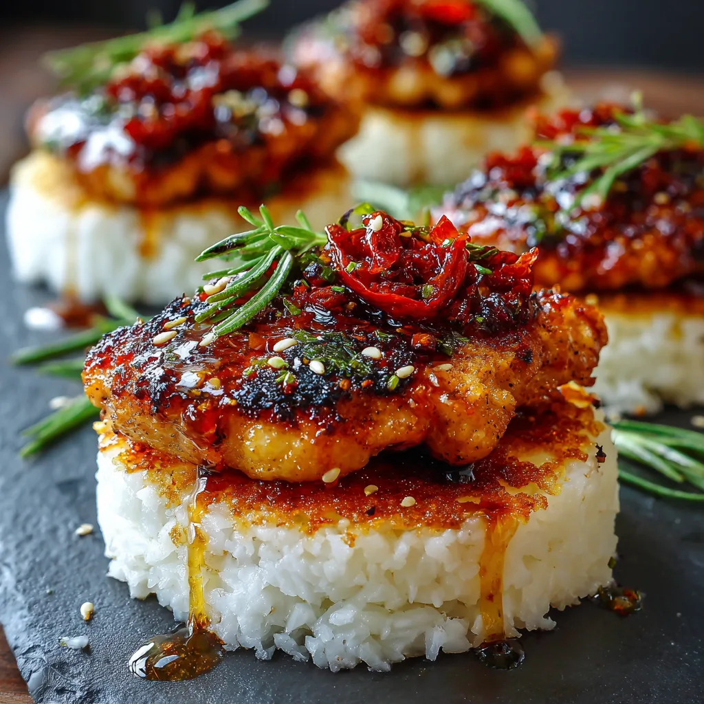 Hot Honey Smash Chicken with Crispy Rice Cakes