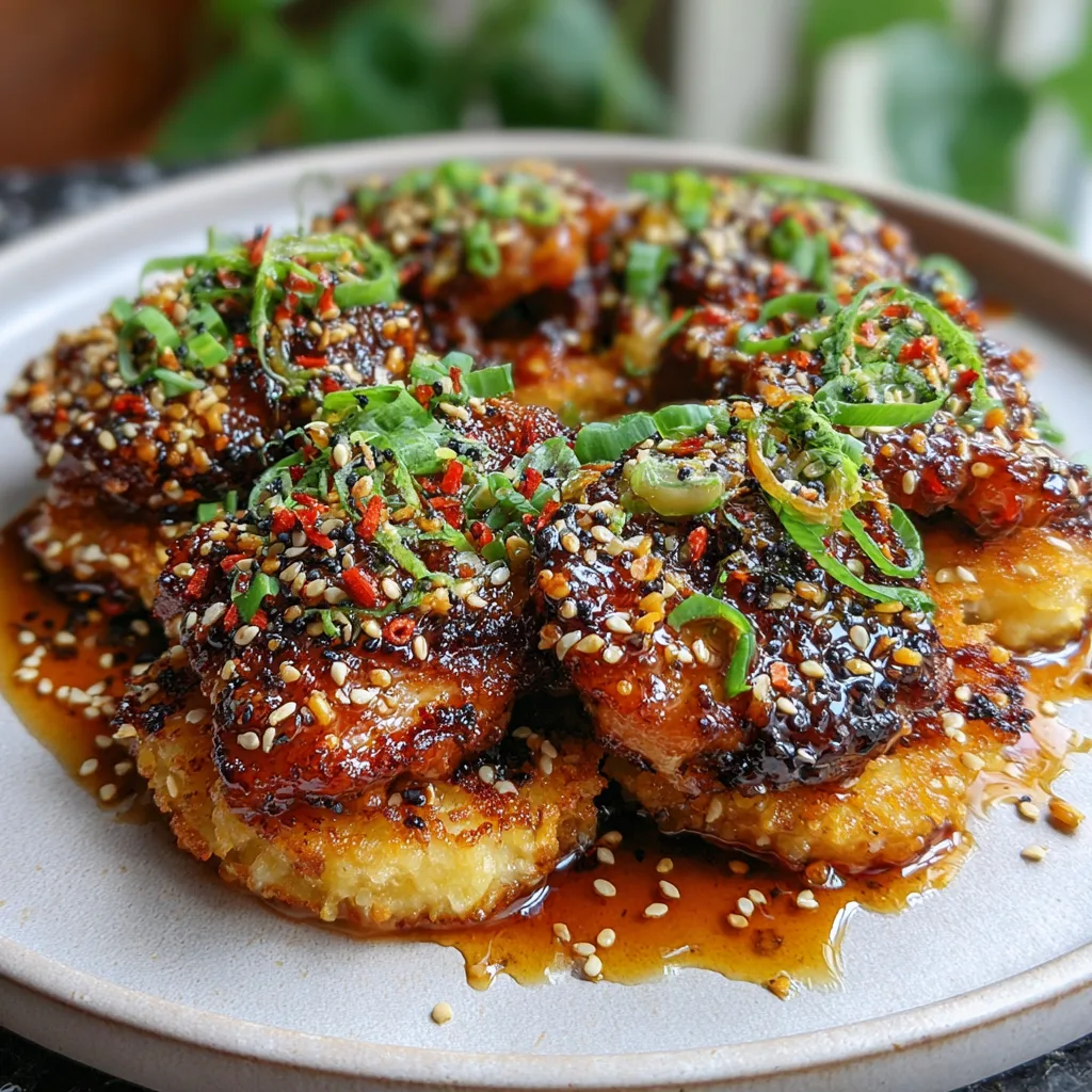 Hot Honey Smash Chicken with Crispy Rice Cakes
