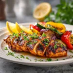 Juicy sliced Blackstone chicken breast served with roasted vegetables and lemon garnish.