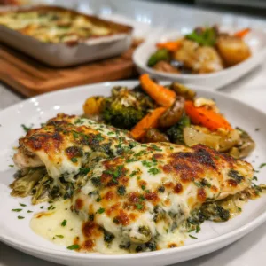 Creamy spinach artichoke chicken bake served with melted cheese and parsley garnish.