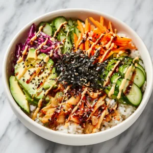 served kimchi sushi bowl in a modern dish
