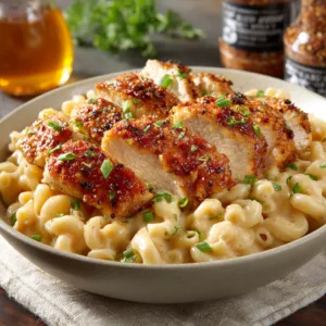 Sweet & Spicy Honey Pepper Chicken with Creamy Mac and Cheese