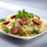 serving fried cabbage with sausage recipe plated