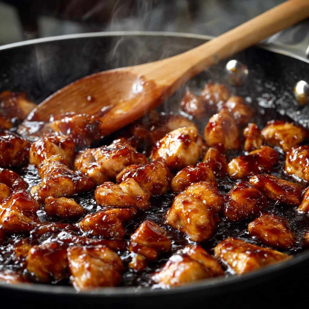 honey BBQ chicken cooking in skillet with sticky glaze