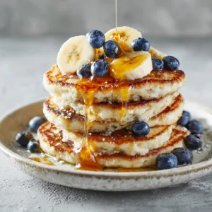 blender banana cottage cheese pancakes stack with syrup and fruit