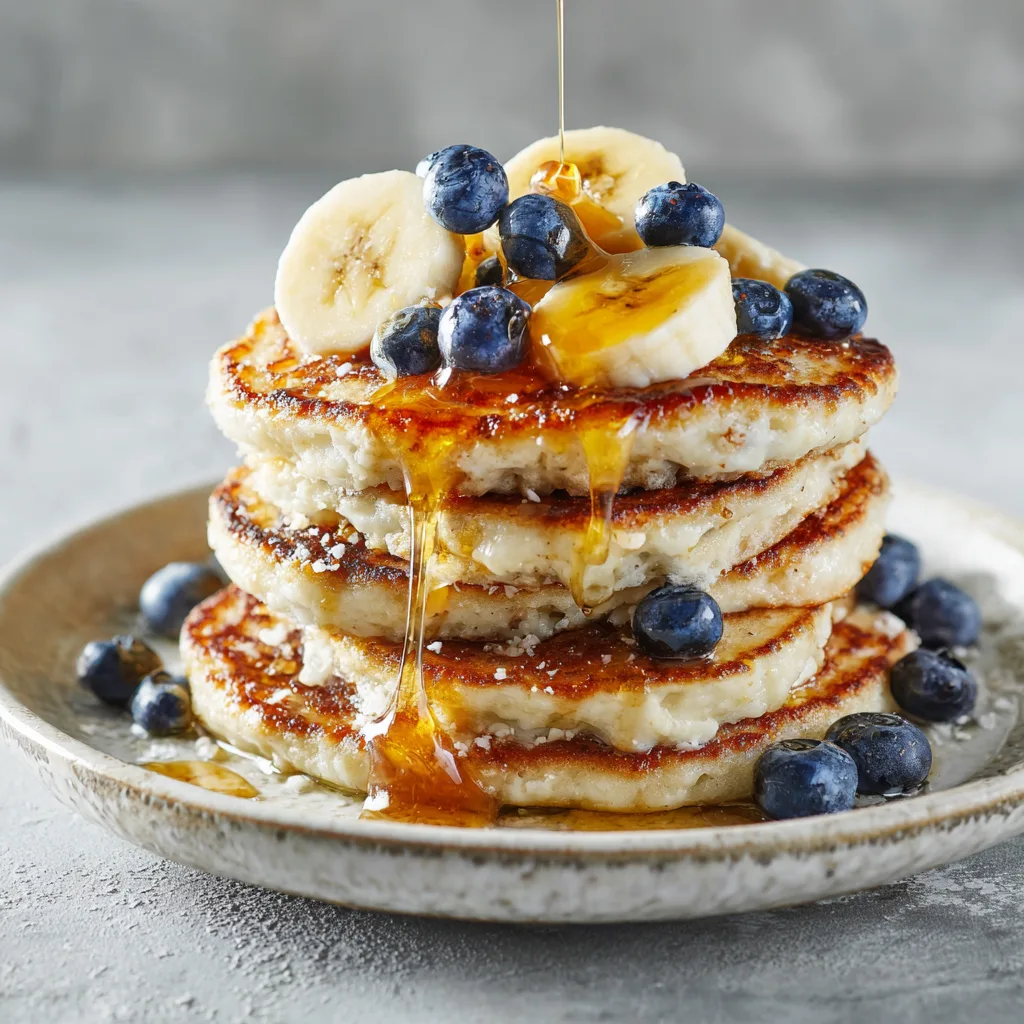 blender banana cottage cheese pancakes stack with syrup and fruit