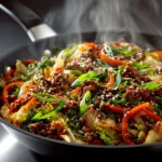 Asian cabbage ground beef stir fry in skillet with sesame garnish