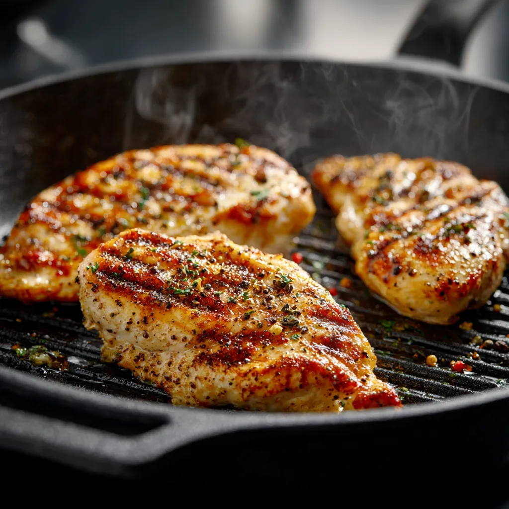 Grilling chicken breast for healthy chicken club sandwich with bacon and avocado.