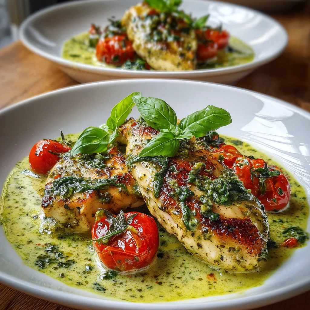 Creamy pesto chicken served with basil pesto sauce, tomatoes, and spinach.