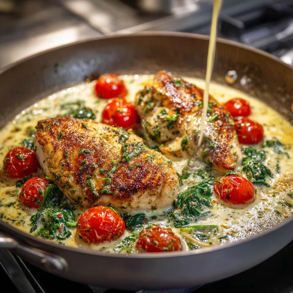 Chicken breasts cooking in creamy pesto sauce with garlic, spinach, and tomatoes in skillet.