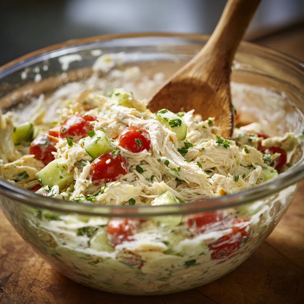 Mixing rotisserie chicken salad with Greek yogurt dressing and fresh vegetables.