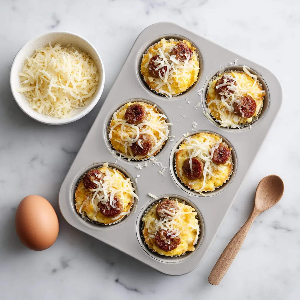 Preparing high protein McGriddle breakfast bites in muffin tin with eggs sausage and pancake batter.