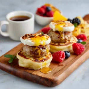 Viral high protein McGriddle breakfast bites with sausage eggs and cheese.