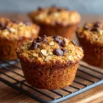 Healthy banana bread protein muffins freshly baked with oats and chocolate chips.