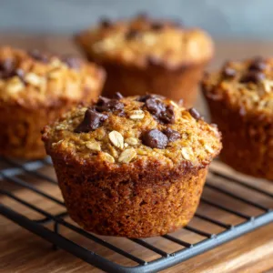 Healthy banana bread protein muffins freshly baked with oats and chocolate chips.