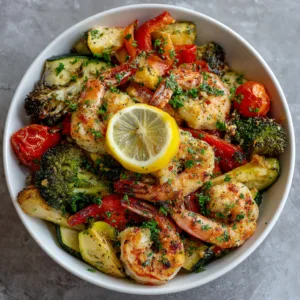 served sheet pan roasted shrimp and vegetables garnished with parsley and lemon