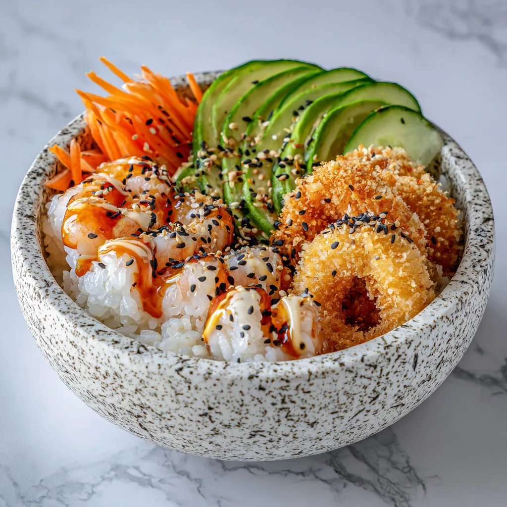 crunchy roll sushi bowl with shrimp crab avocado cucumber spicy mayo and panko