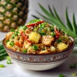 pineapple chicken fried rice served in bowl with green onions sesame seeds and lime