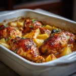 pineapple teriyaki chicken baking in oven with pineapple chunks and sticky teriyaki glaze