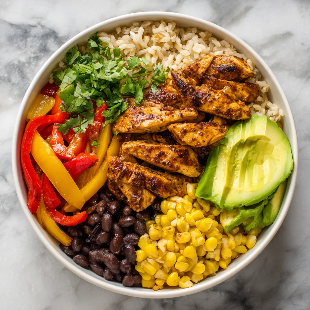 chicken fajita burrito bowl with rice avocado black beans corn and cilantro