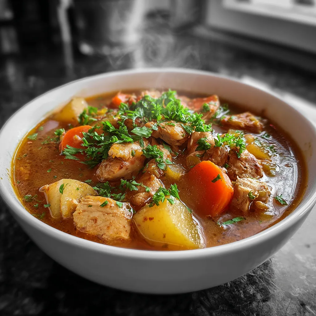 Crockpot chicken vegetable soup served in a bowl with fresh vegetables and herbs