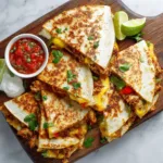 Chicken fajita quesadillas served with melted cheese, peppers, and onions