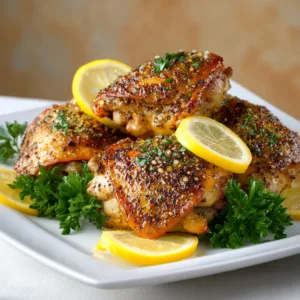 Crispy lemon pepper chicken thighs served with lemon slices and fresh parsley.