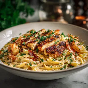 Creamy Cajun chicken and shrimp pasta served with Parmesan and parsley.