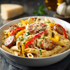 Creamy Cajun sausage pasta served with Parmesan cheese and parsley.
