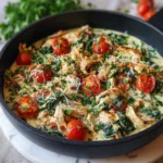 Healthy rotisserie chicken and spinach skillet served in pan