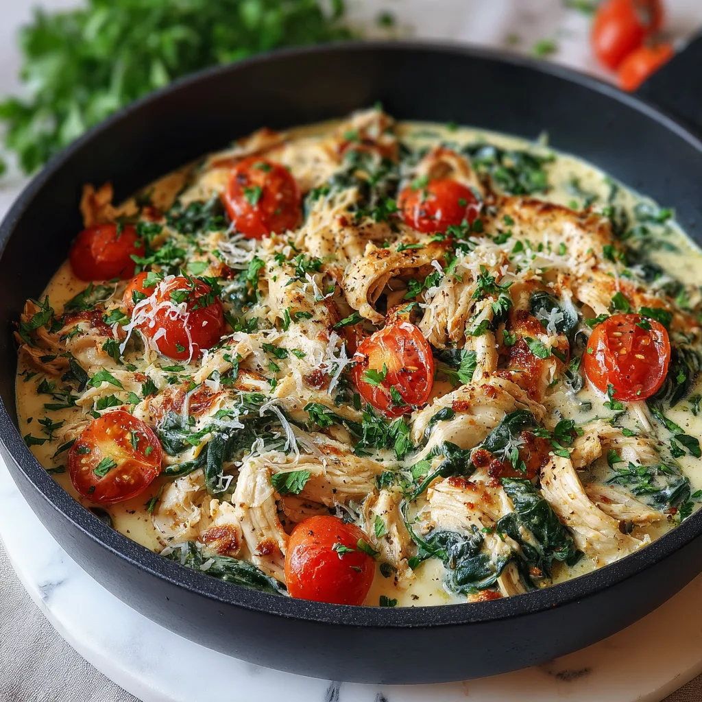 Healthy rotisserie chicken and spinach skillet served in pan