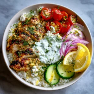 Viral tzatziki chicken bowl with rice, vegetables and creamy tzatziki sauce