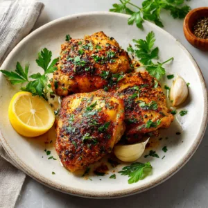 Viral air fryer marinated chicken recipe served with parsley and lemon