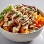 BBQ Chicken Sweet Potato Bowl with Chipotle Sauce - Spicy Healthy Meal Prep