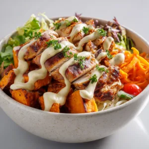 BBQ Chicken Sweet Potato Bowl with Chipotle Sauce - Spicy Healthy Meal Prep