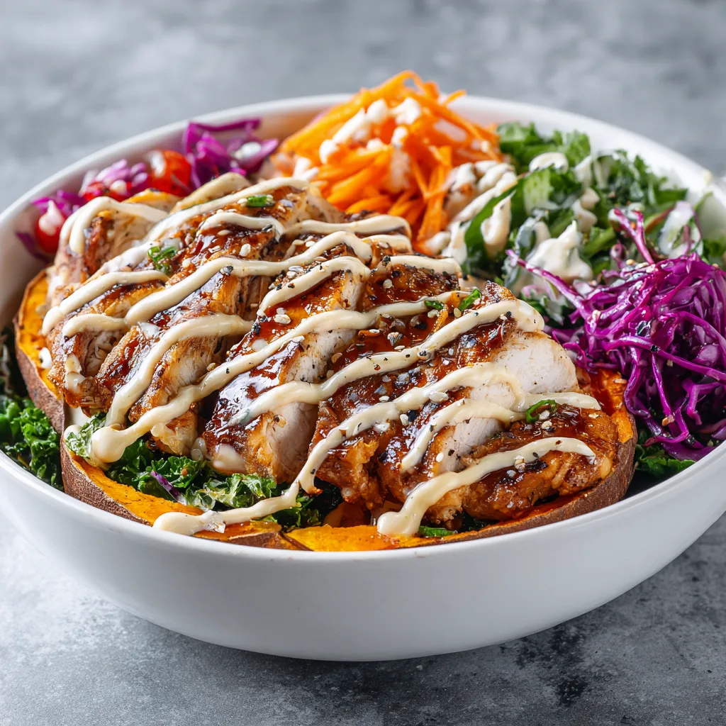 BBQ Chicken Sweet Potato Bowl with Spicy Mayo - Easy High Protein Dinner